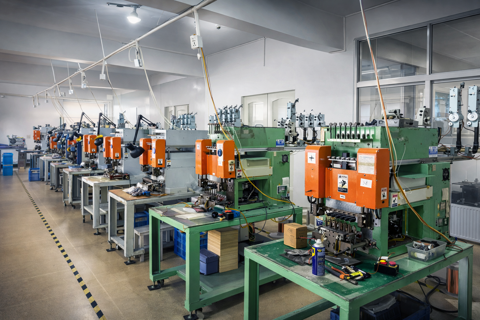 A modern factory floor showing automated coil winding machines