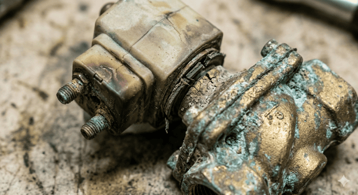 A solenoid valve with visible signs of wear and tear