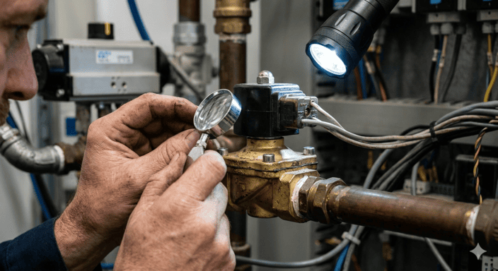 A close-up of a solenoid valve being inspected
