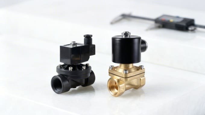 A side-by-side comparison of a brass solenoid valve and a plastic solenoid valve