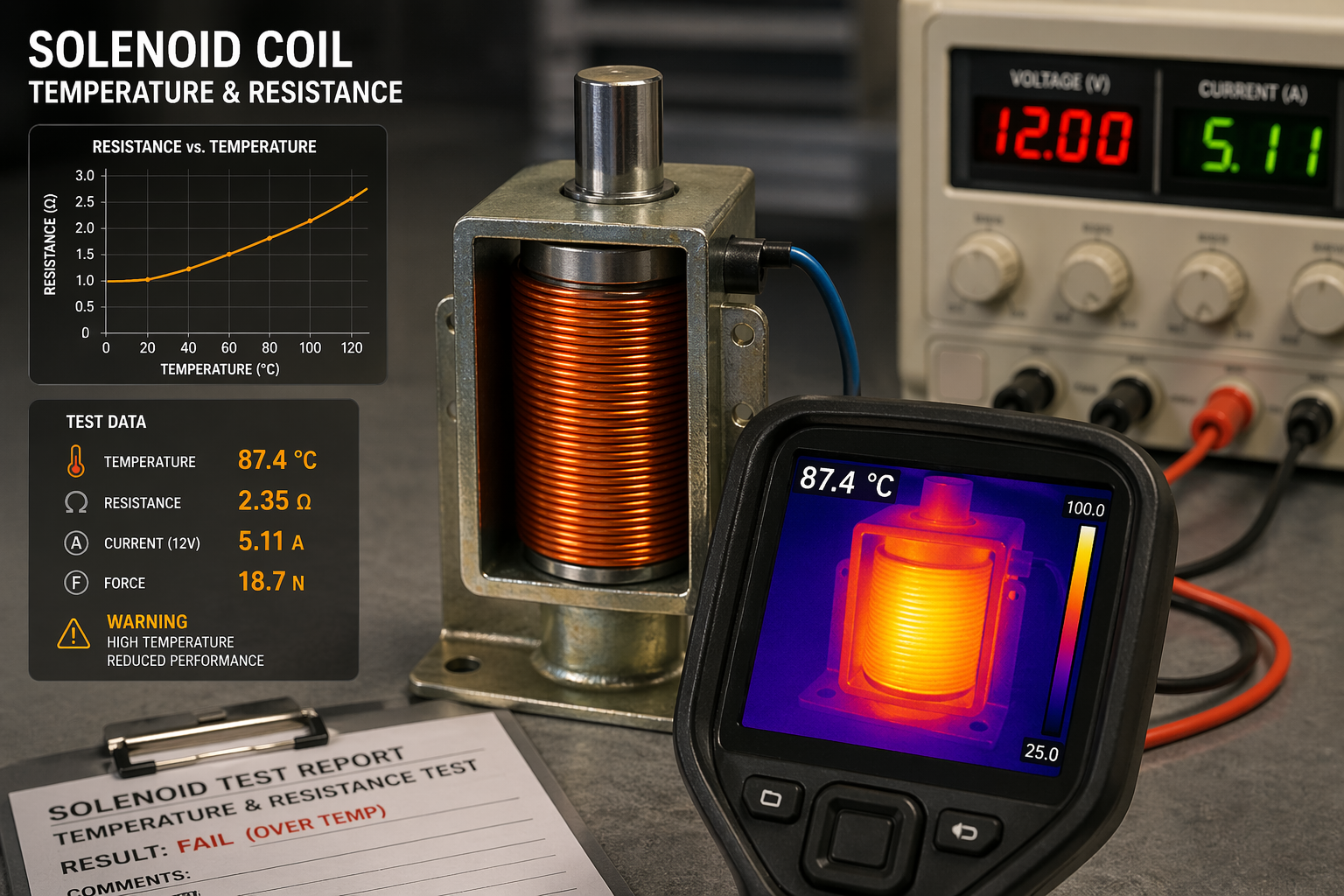 A solenoid coil being tested for temperature resistance