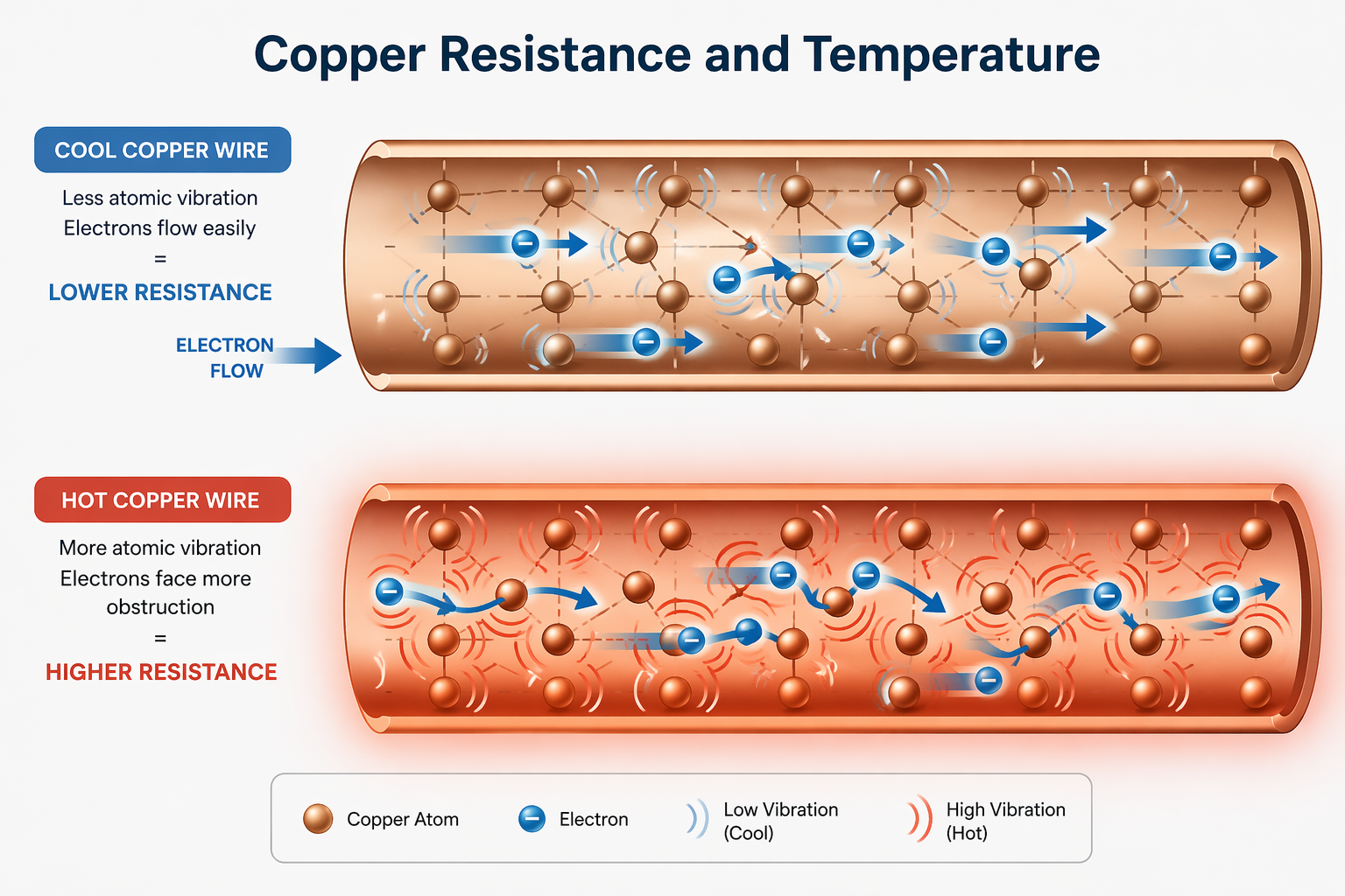 Diagram showing electron flow through a hot copper wire