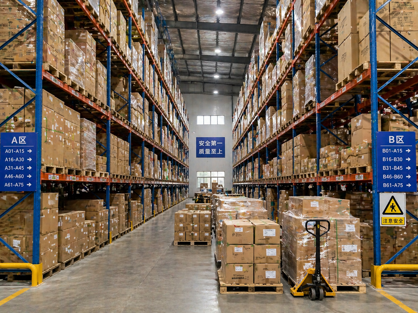 Warehouse with shelves stacked high with boxes ready for shipment