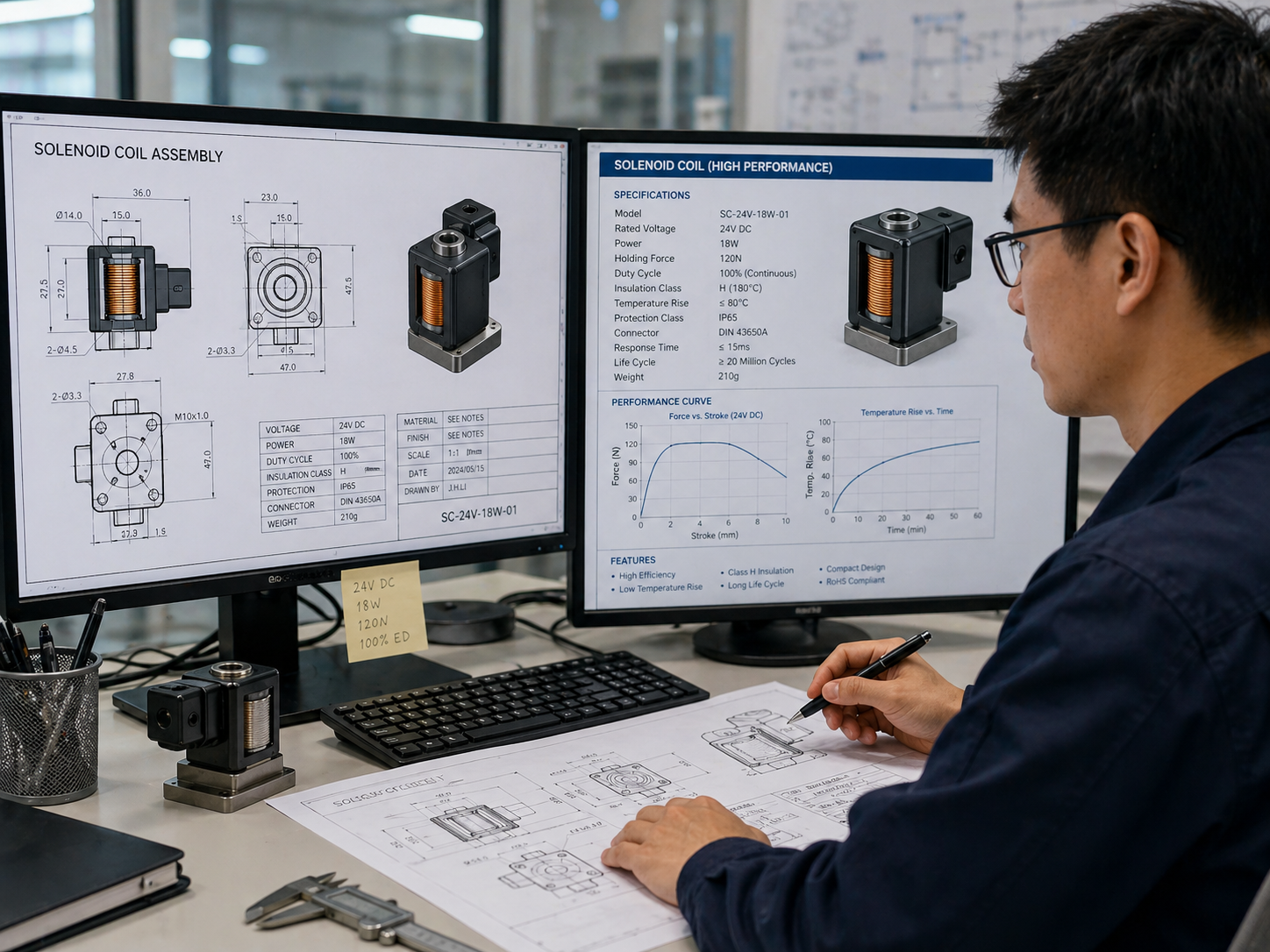 An engineer reviewing technical drawings and solenoid specifications on a computer screen