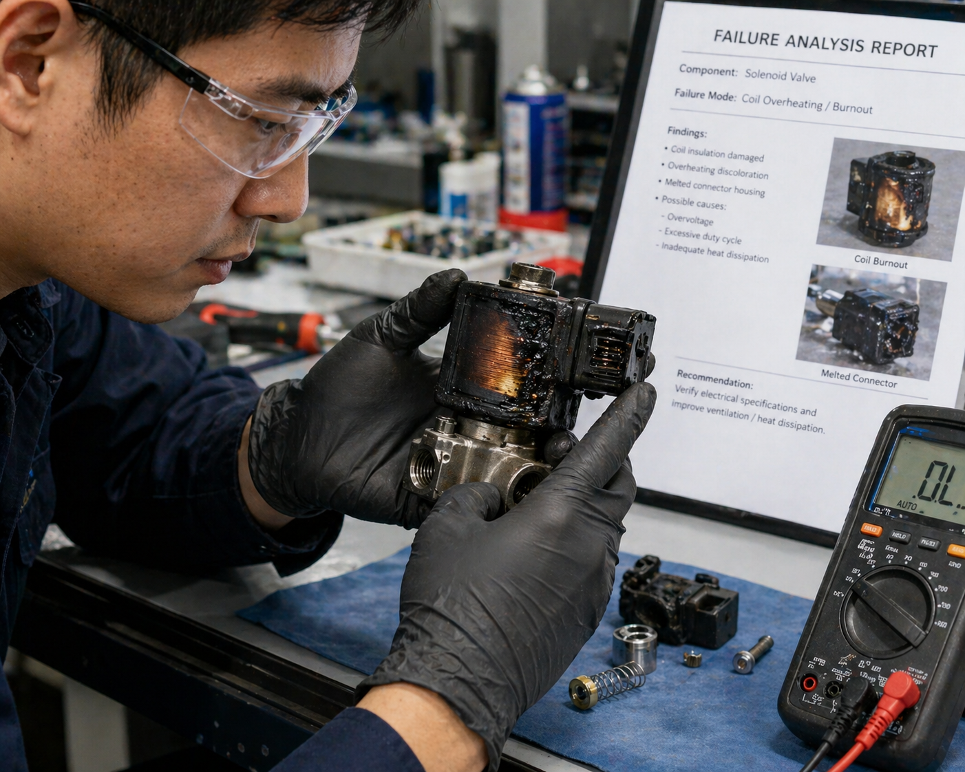 A technician inspecting a failed solenoid with signs of overheating
