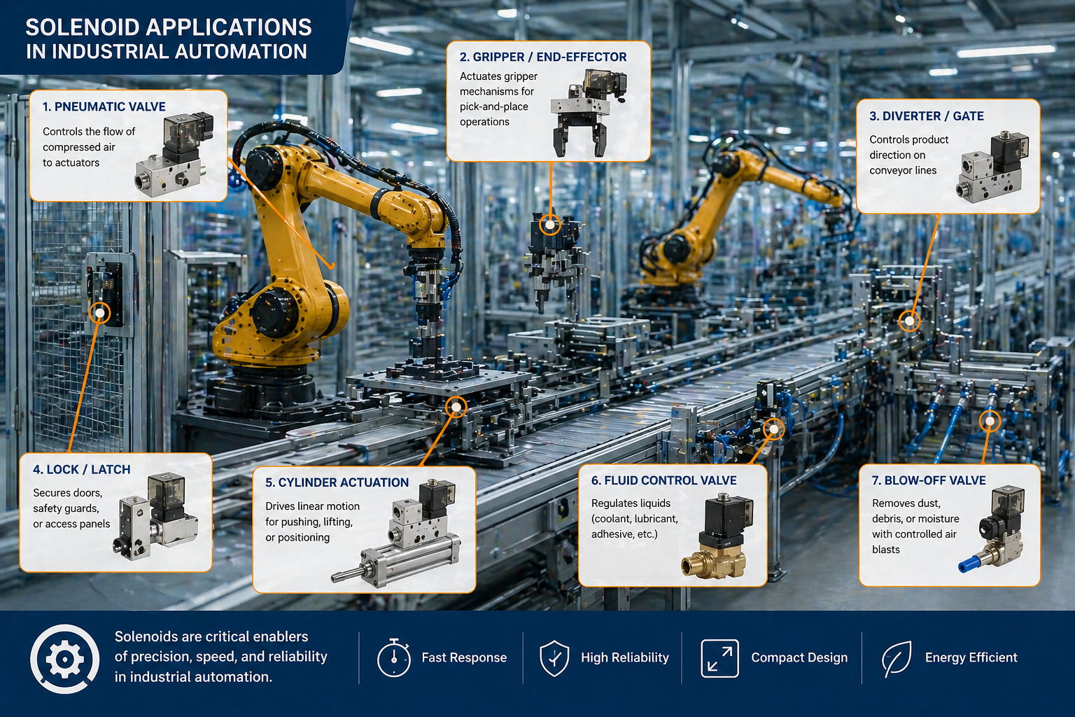 An industrial automation line with robotic arms, highlighting where solenoids are used