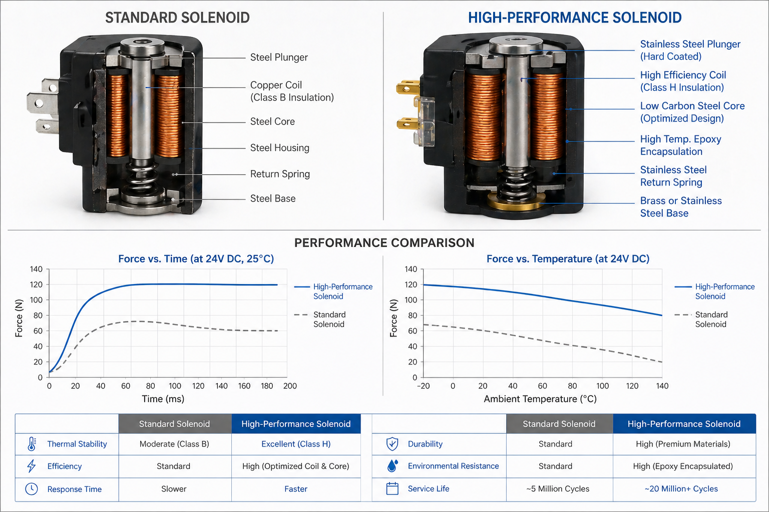 A graph showing the performance curve of a standard vs high-performance solenoid over time and temperature