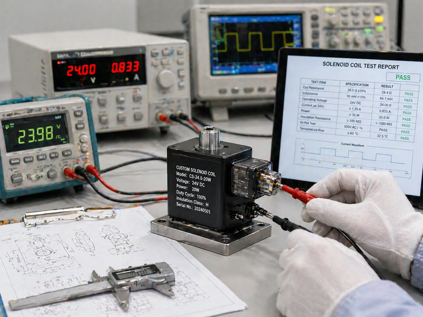 A close-up of a high-performance solenoid coil being tested in a lab