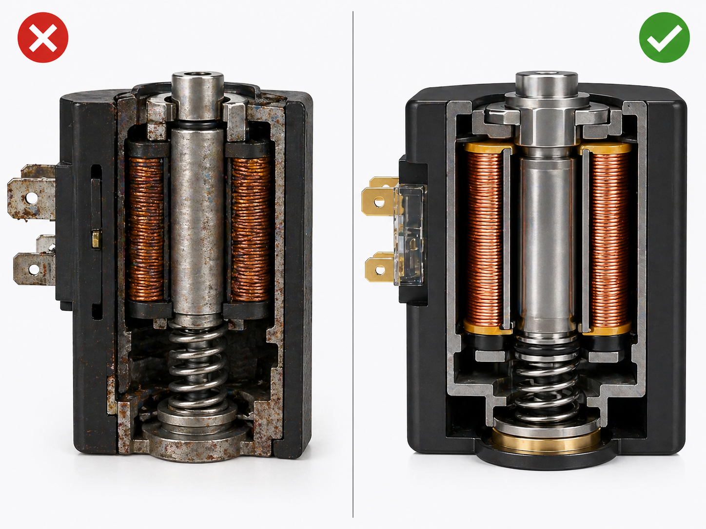 Diagram comparing the internal components of a standard vs. high-performance solenoid