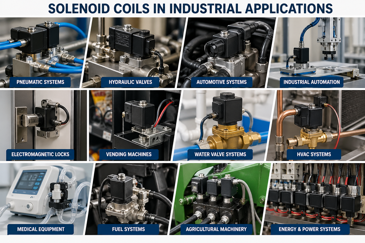A collage of different industrial applications using solenoid coils
