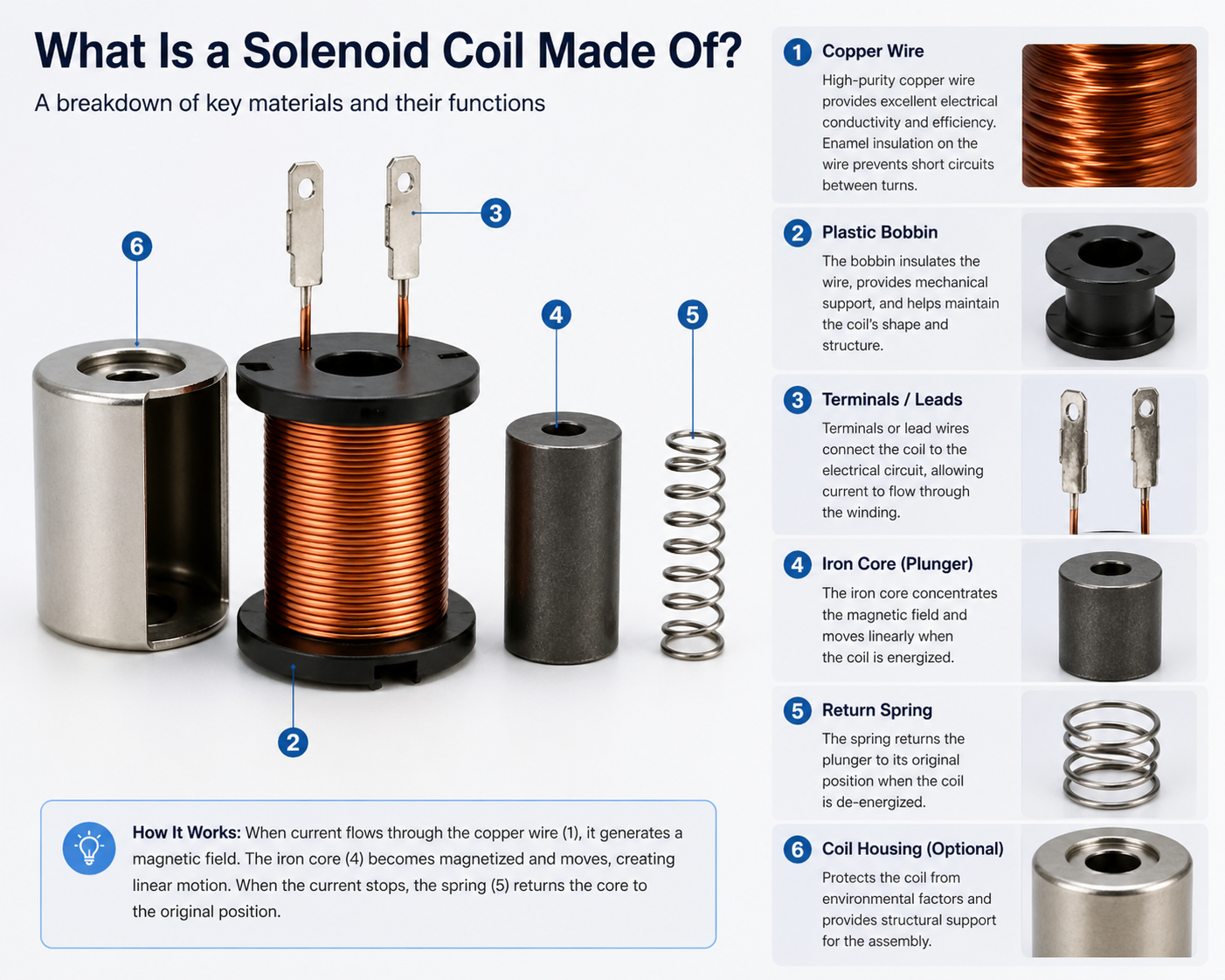 A breakdown of materials used in a solenoid coil, like copper wire and plastic bobbins