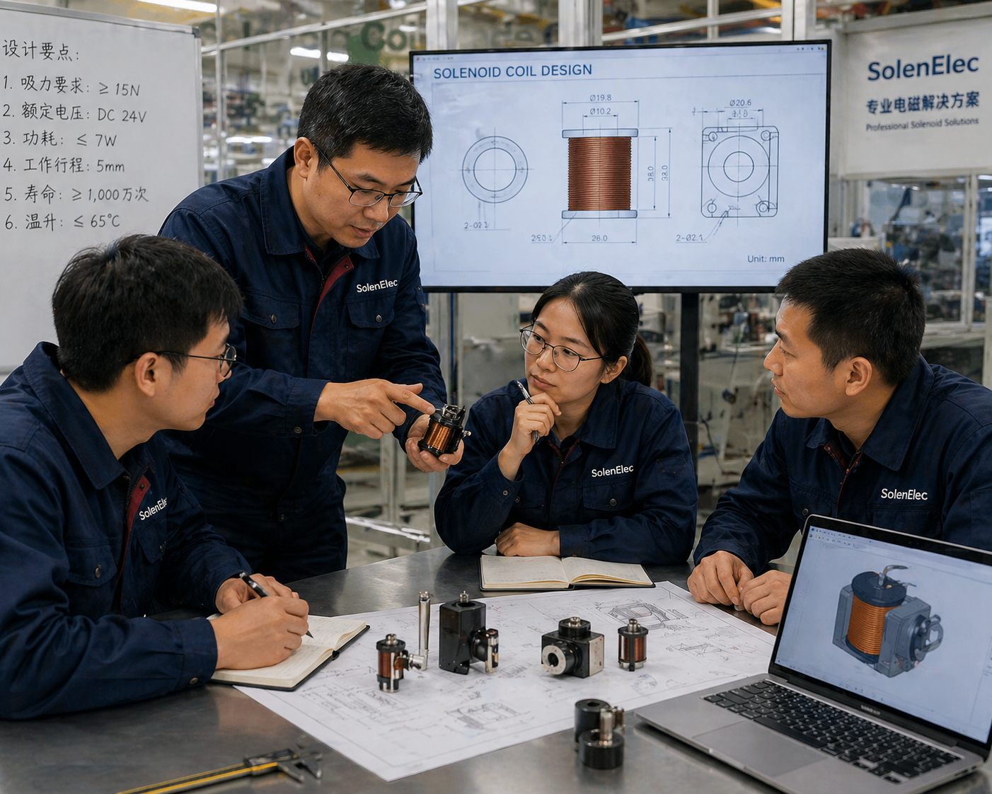 A team of engineers discussing a solenoid coil design in a factory setting