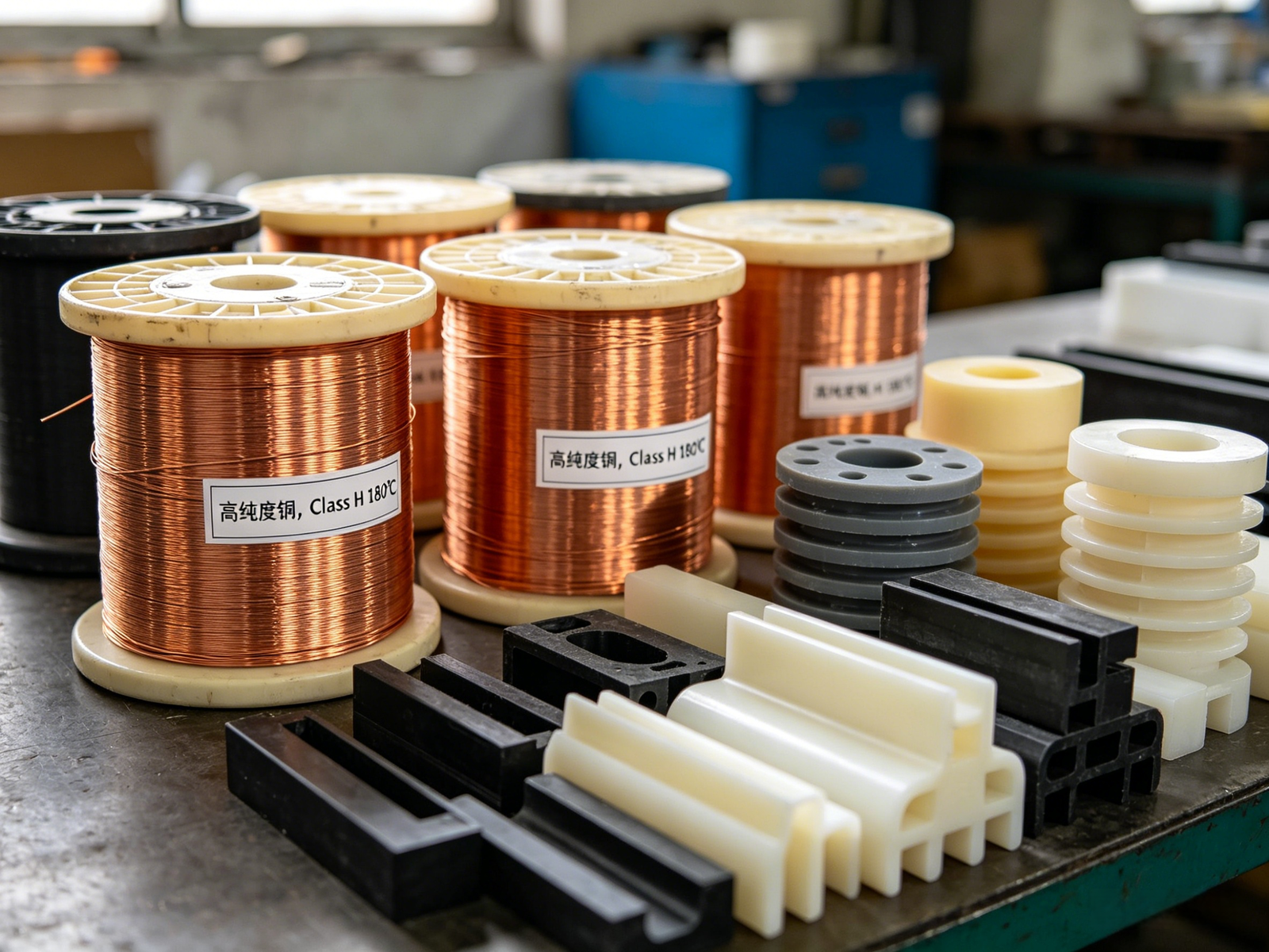 Spools of copper wire and plastic bobbins