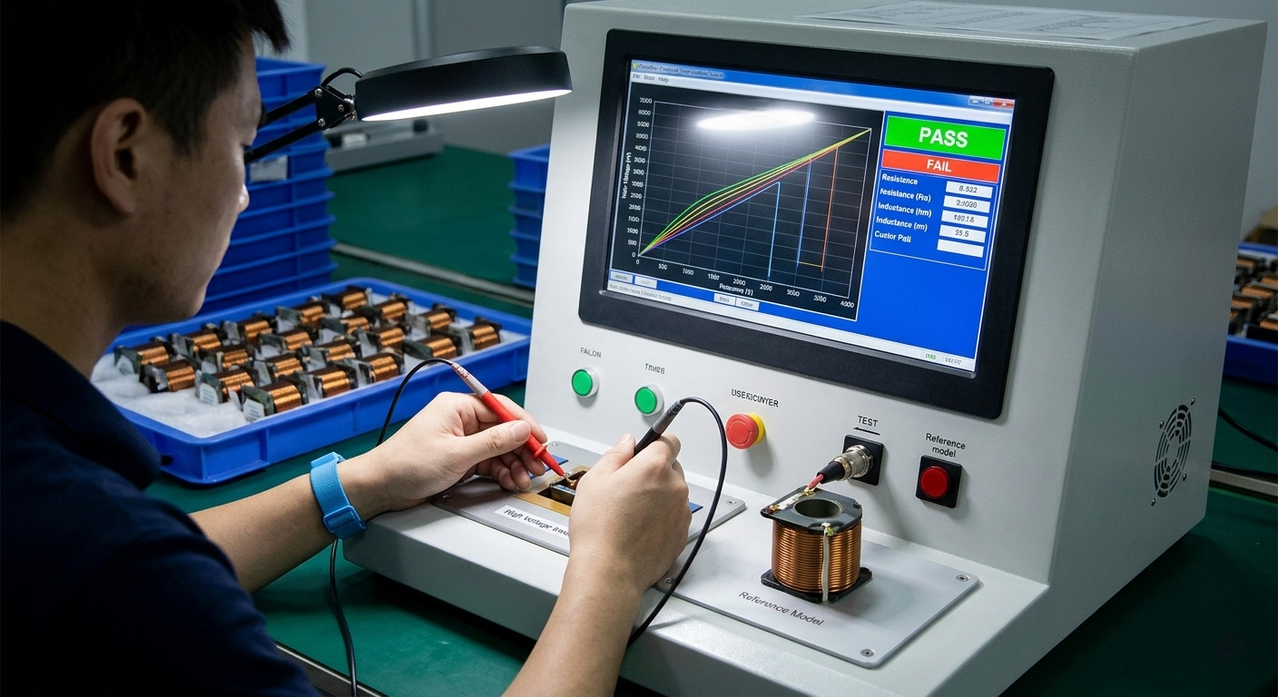 A quality control inspector using a microscope to check a solenoid coil