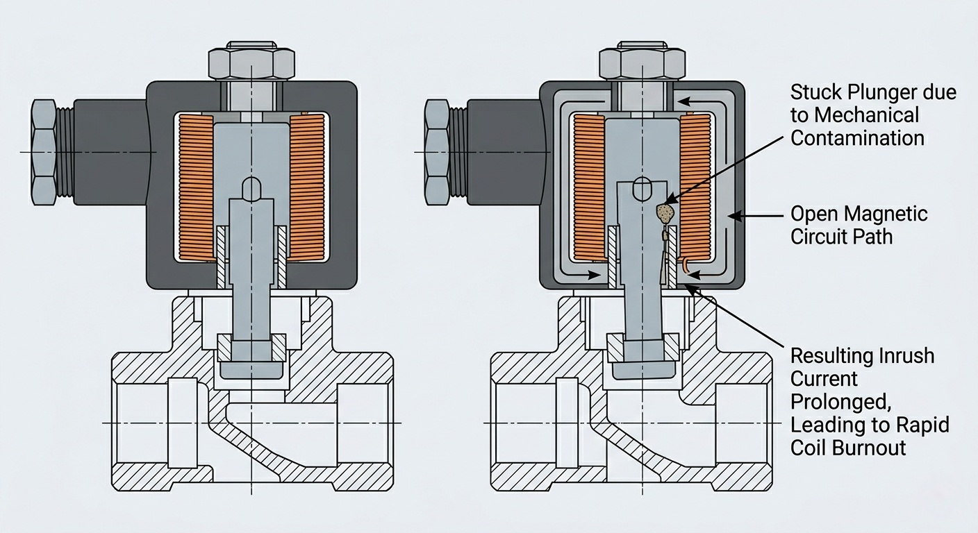 Diagram showing a stuck solenoid plunger