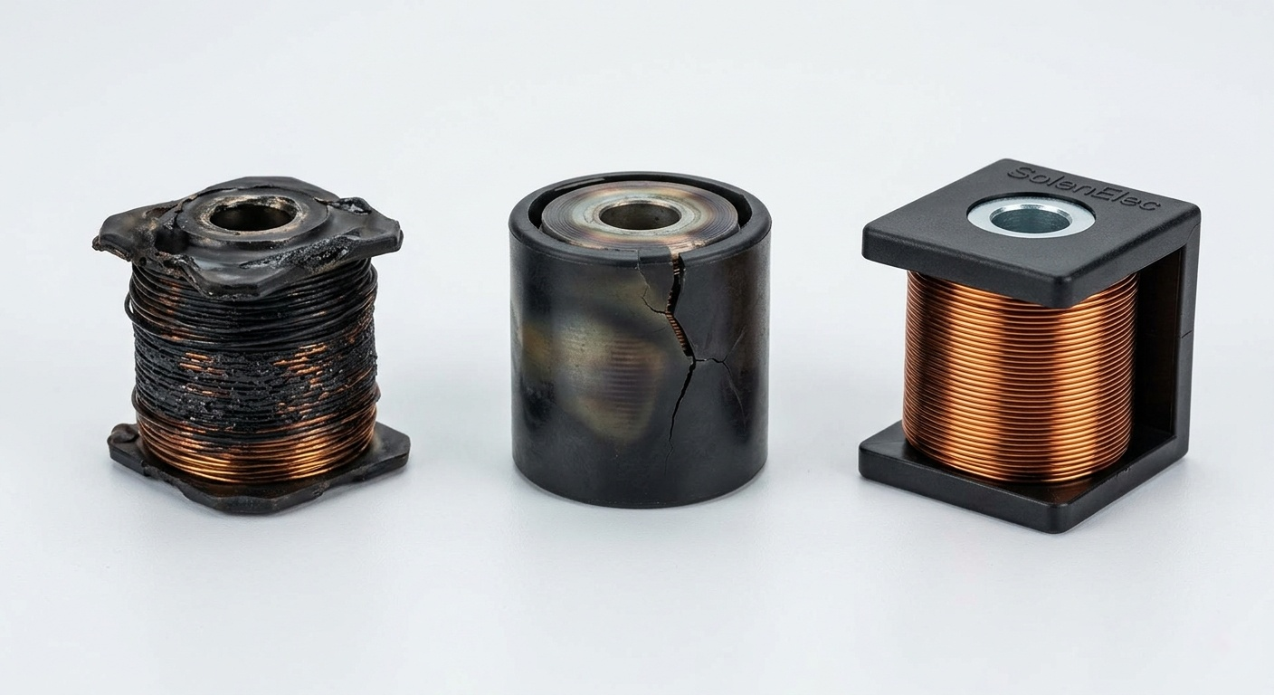 A burnt out solenoid coil next to a new one