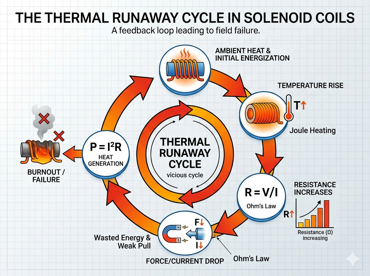 An infographic showing the thermal runaway cycle in a solenoid coil