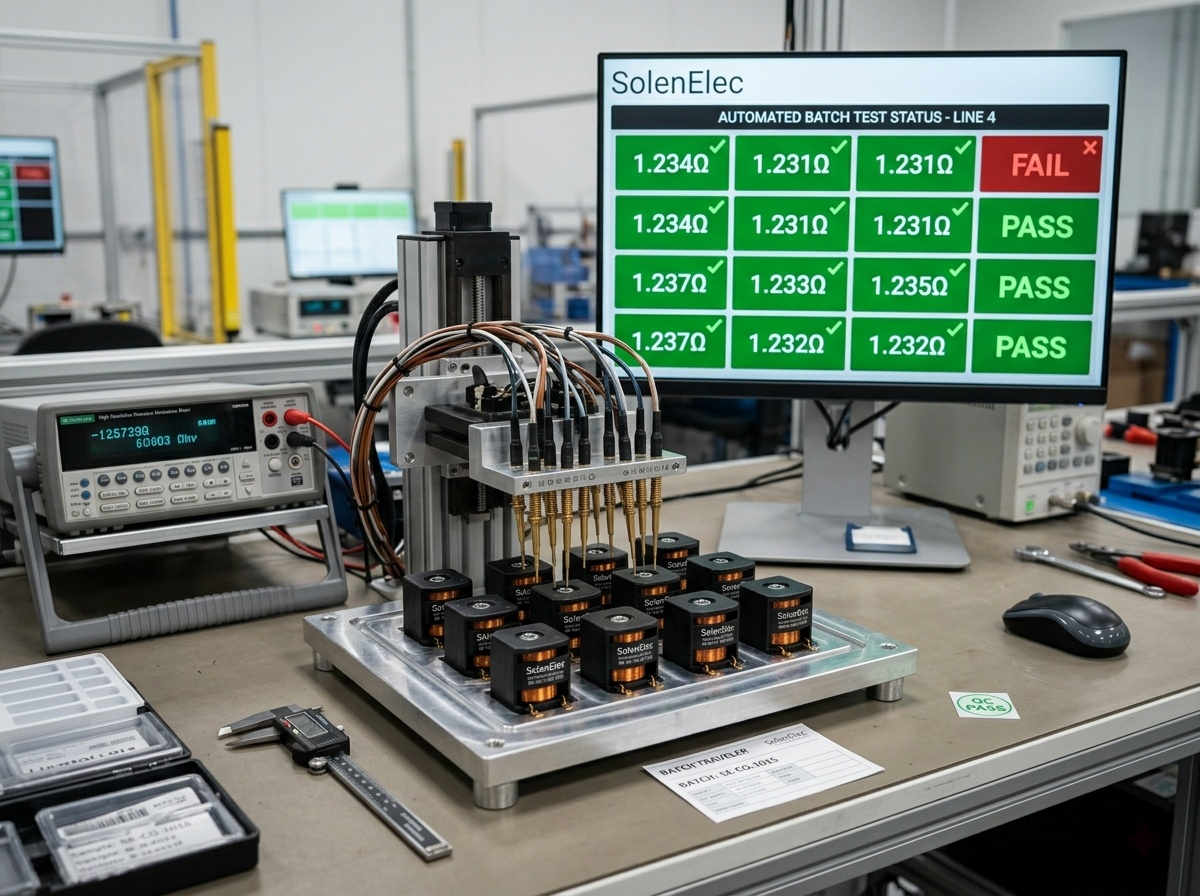 A technician using a multimeter to test a solenoid coil's terminals