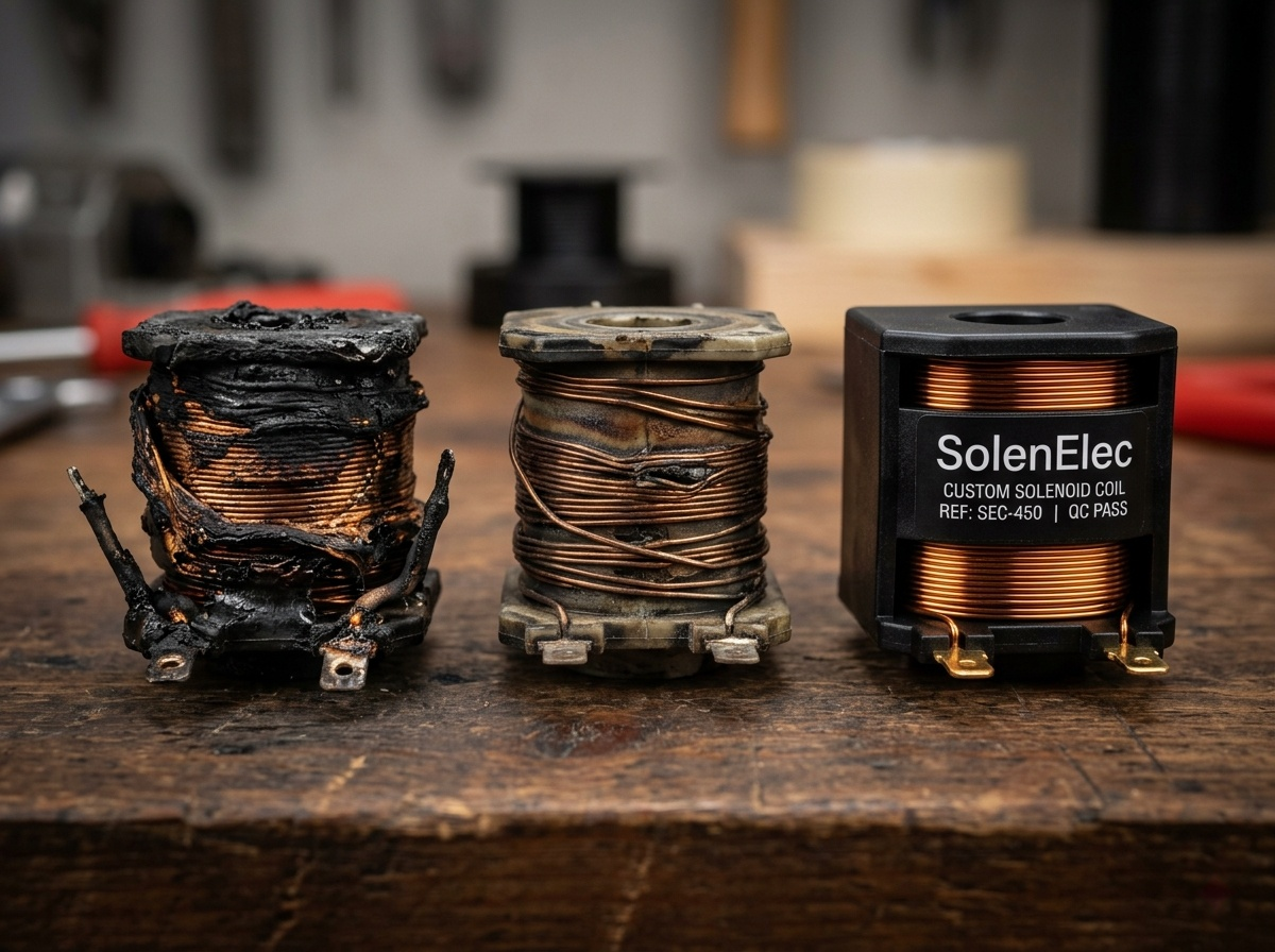 A discolored and burnt solenoid coil next to a new one