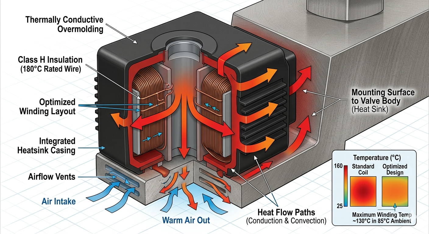 A cross-section of a well-designed solenoid coil showing heat dissipation paths
