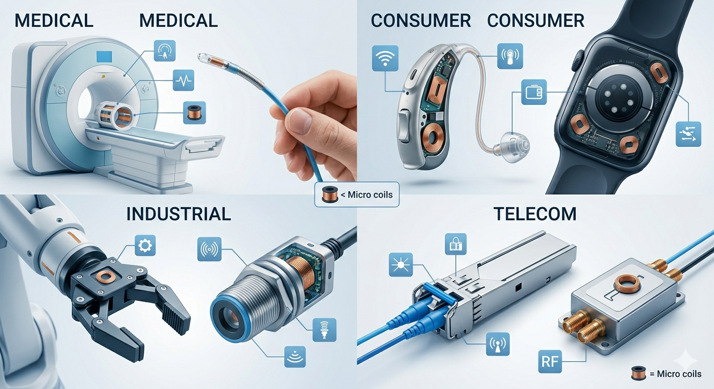 A collage of devices that use micro coils, like a hearing aid and a sensor