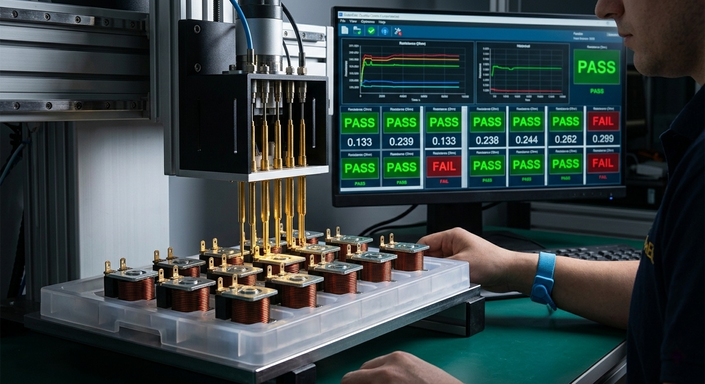 A hand holding a screwdriver near a solenoid coil to test its magnetic field