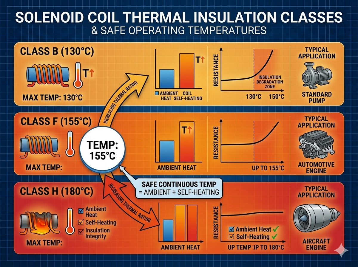 A table showing different solenoid coil insulation classes and their temperature ratings