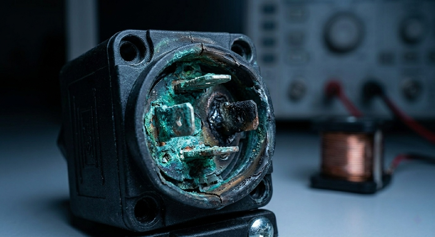 A corroded and damaged solenoid coil connector
