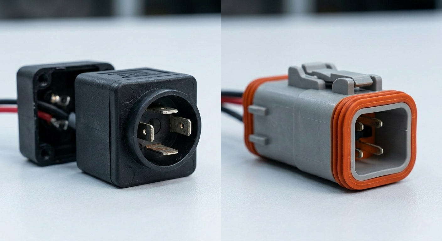 A side-by-side comparison of a standard and a waterproof connector