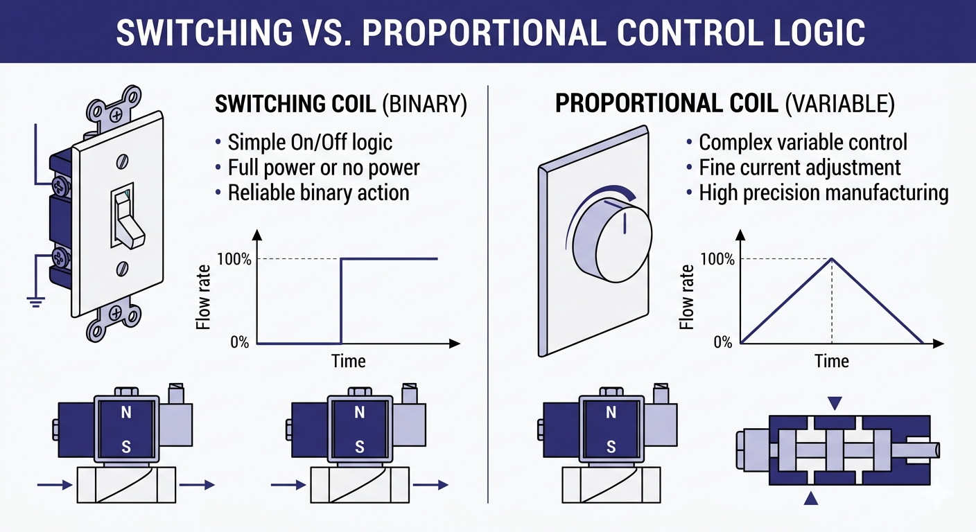 Diagram comparing switching and proportional solenoid coil function