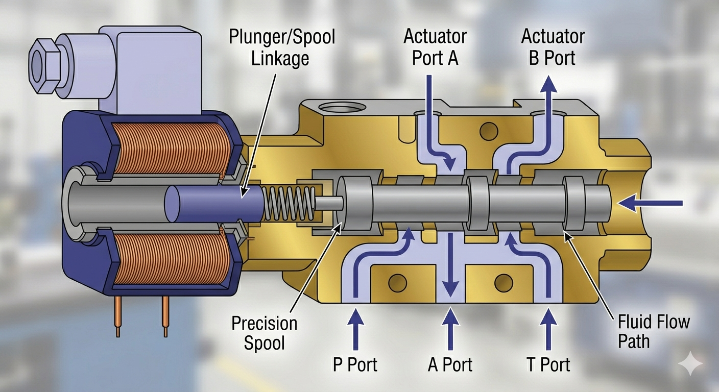 Animation of a solenoid coil controlling a hydraulic valve