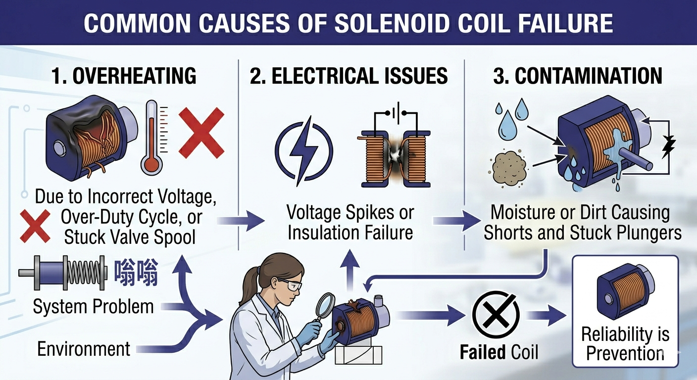 Infographic showing common causes of solenoid coil failure
