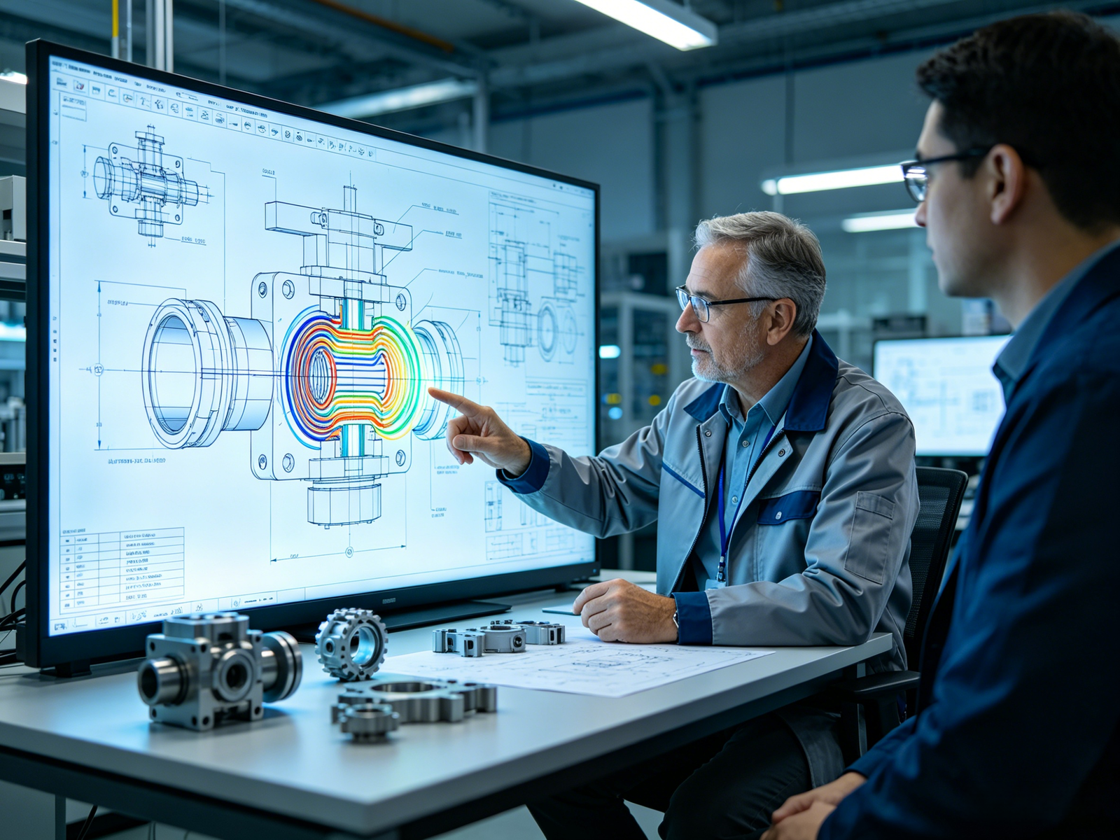 An engineer discussing a solenoid coil design with a procurement manager