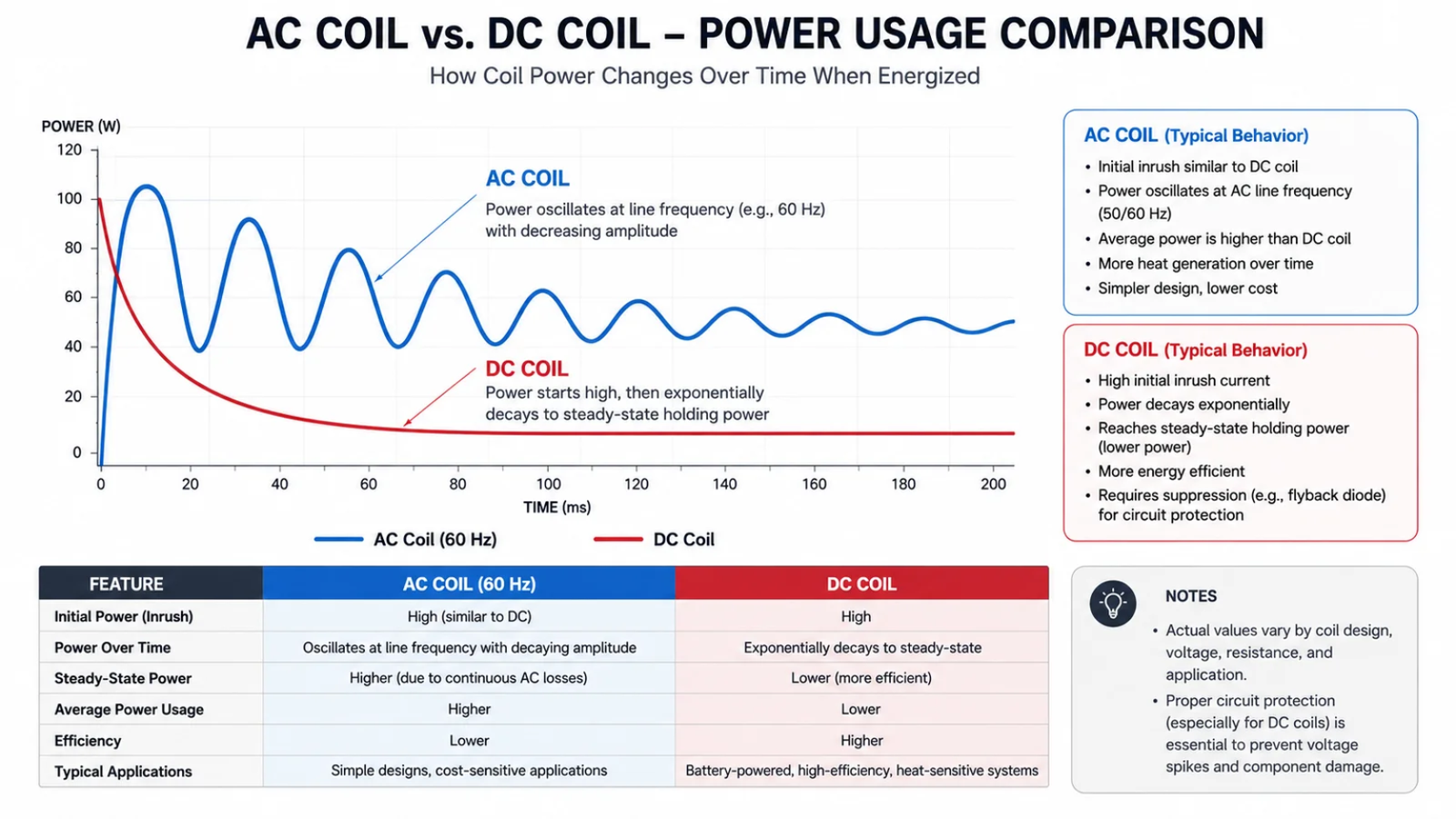A diagram comparing the power usage curve of an AC coil vs. a DC coil