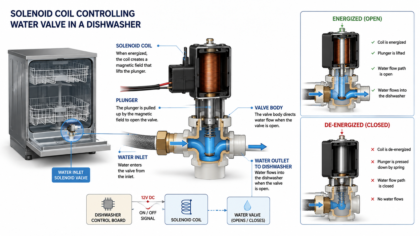 A cutaway view of a washing machine showing the water inlet valve solenoid