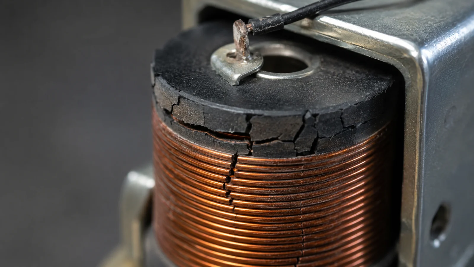 A close-up of a cracked and brittle solenoid coil insulation