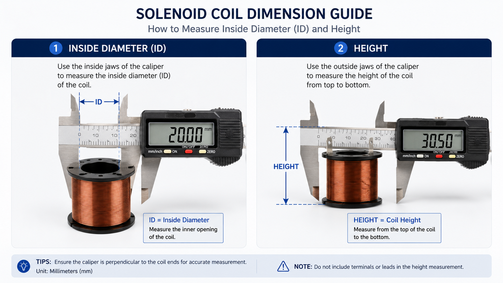 A diagram showing where to measure the inside diameter (ID) and height of a solenoid coil with calipers.