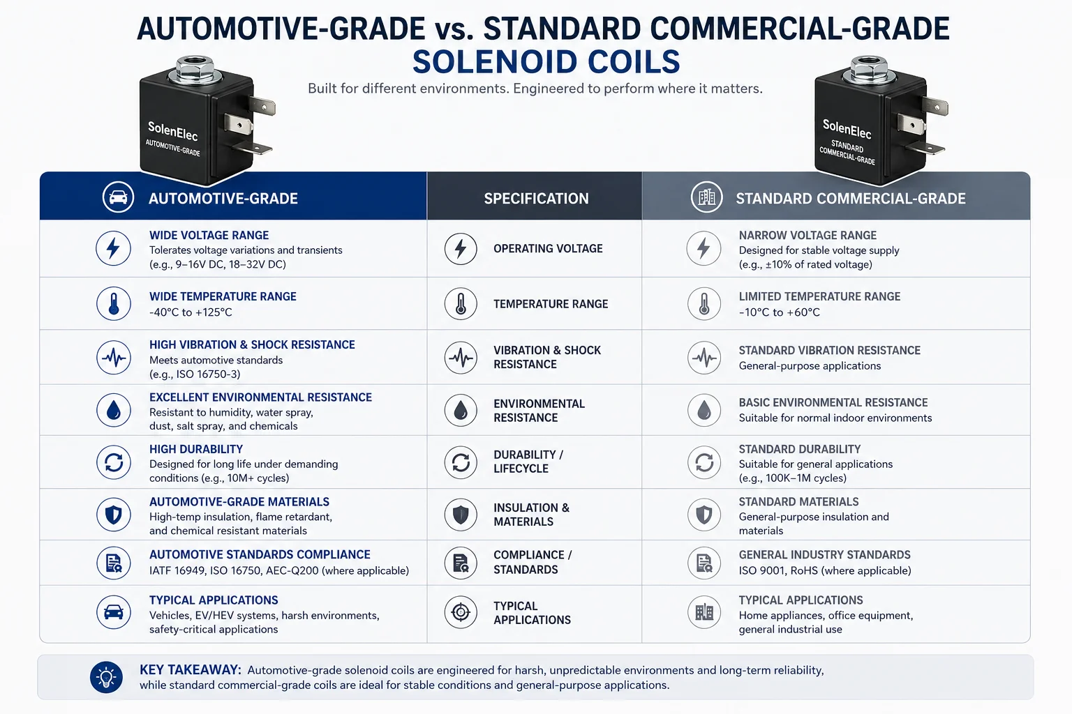 An infographic comparing the specifications of automotive-grade and standard commercial-grade solenoid coils.