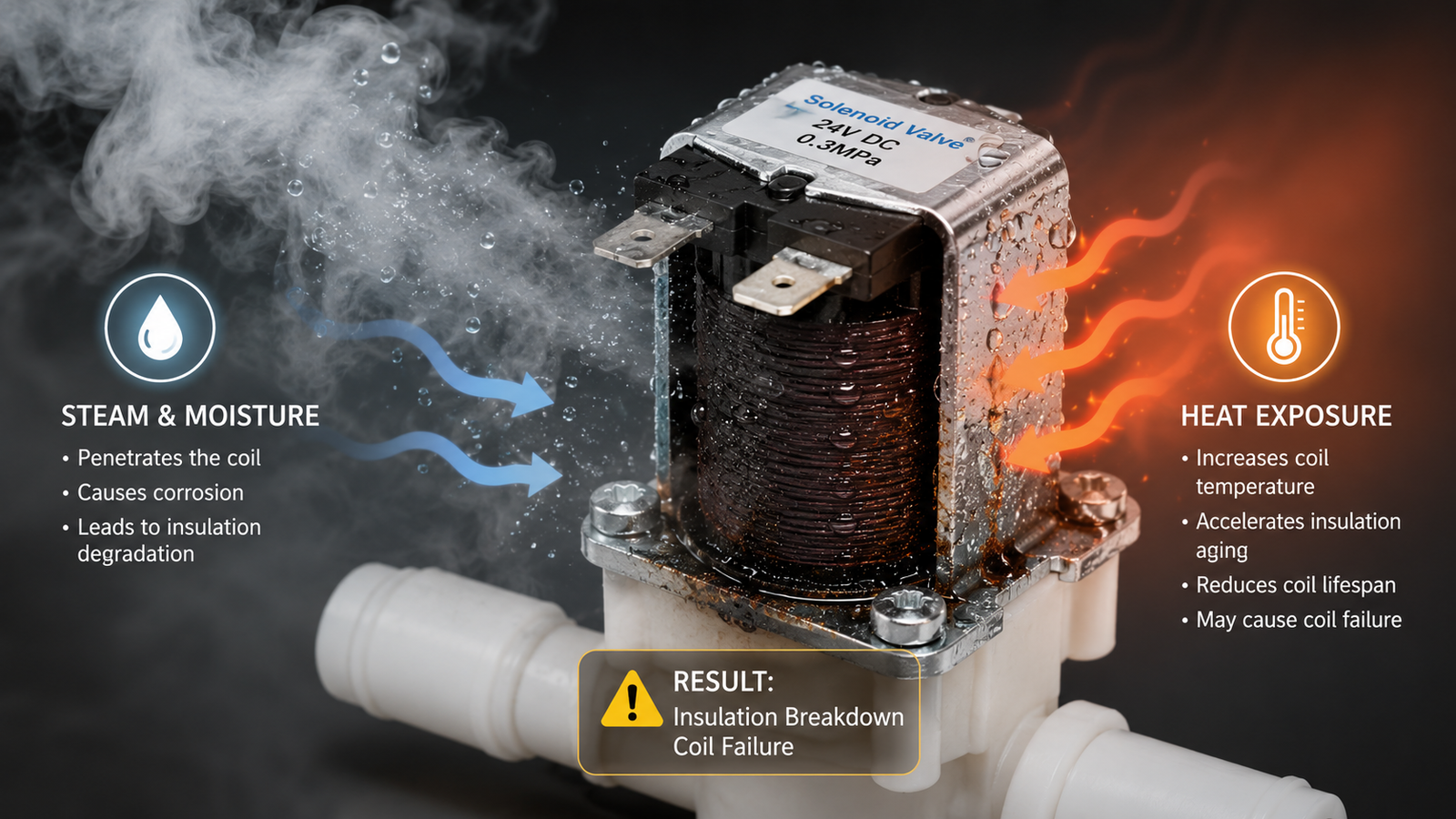 An illustration of steam and heat attacking a solenoid coil