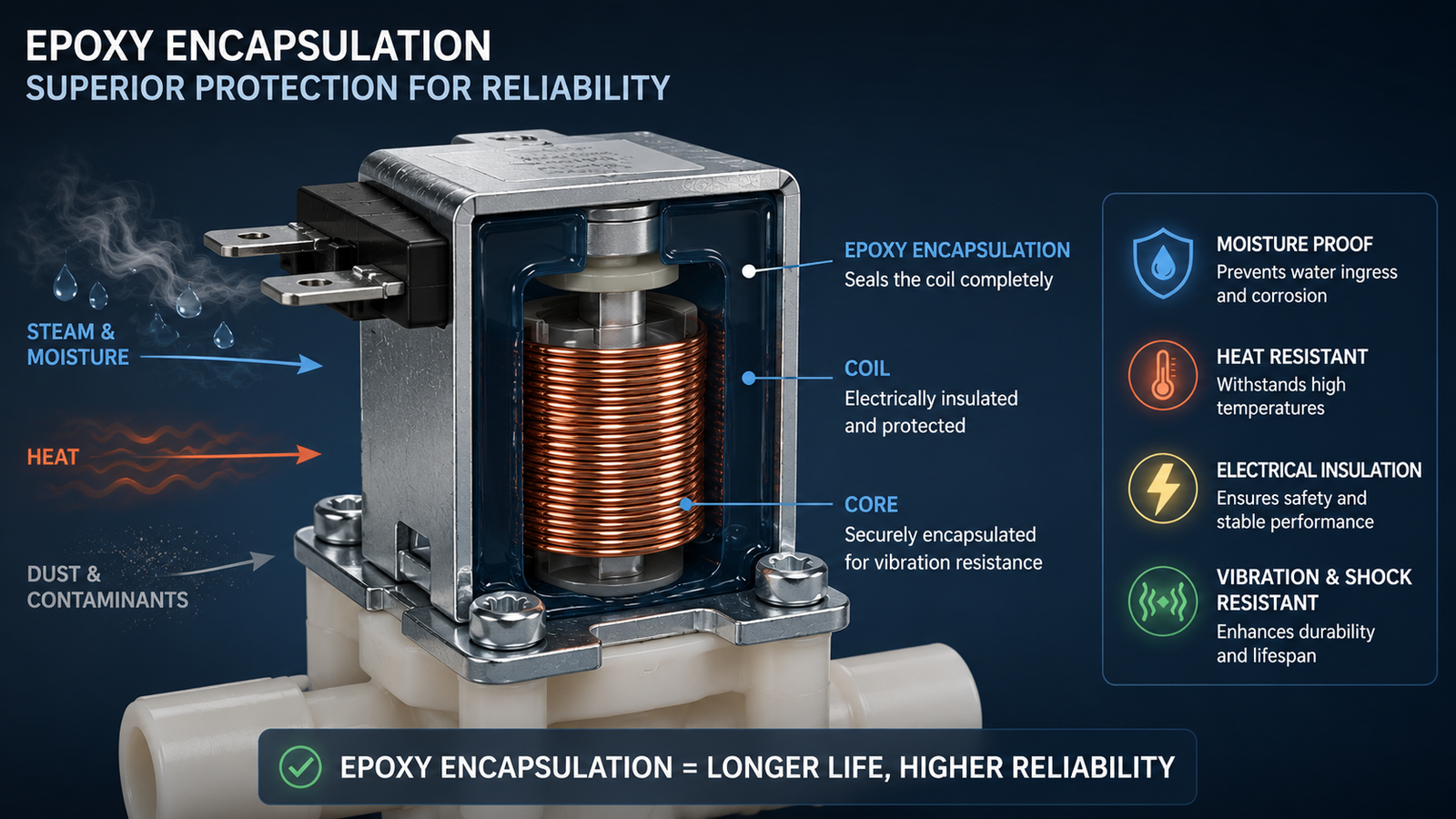 A cross-section showing epoxy encapsulation protecting a coil