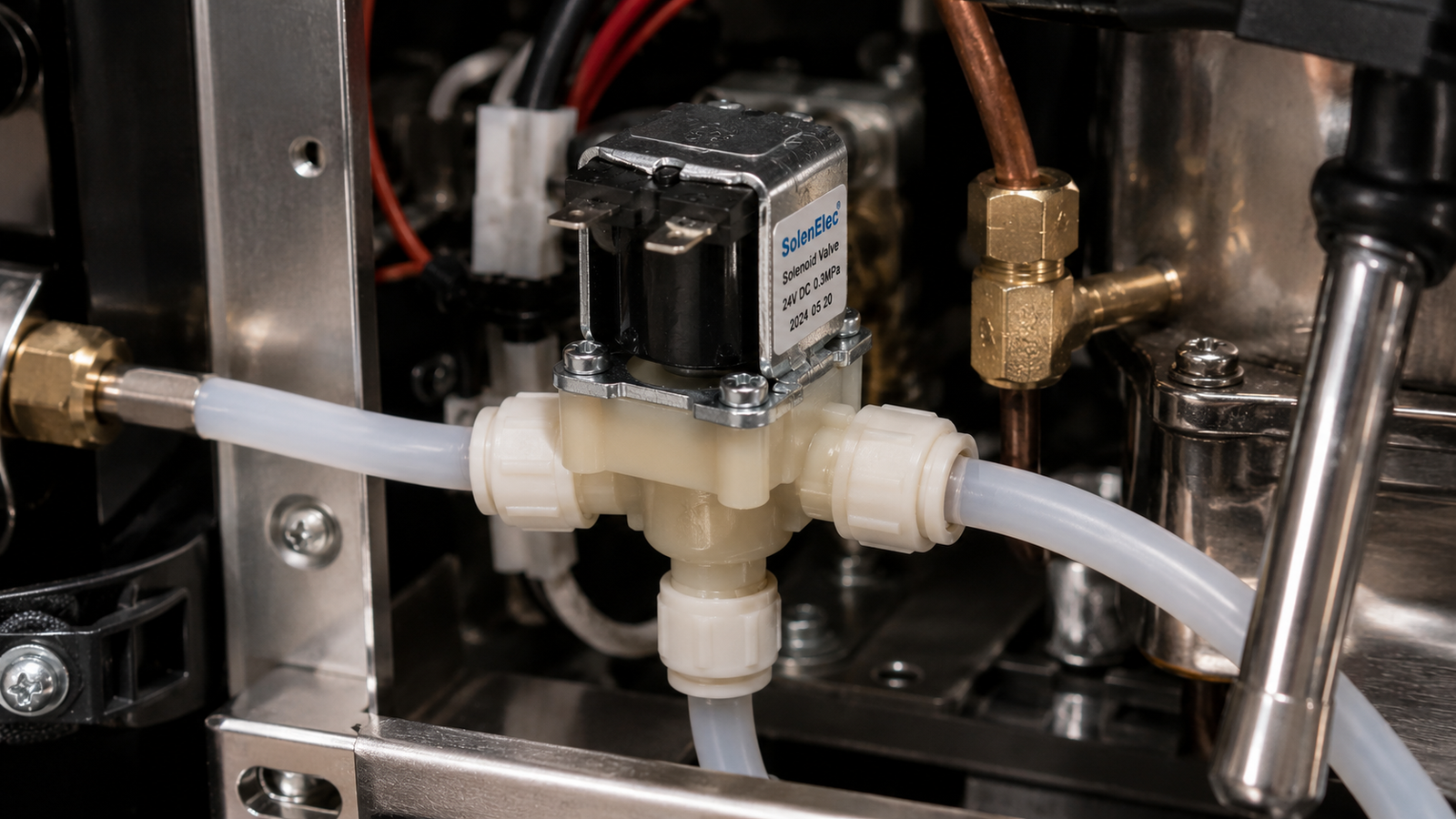 A close-up of a 3-way solenoid valve inside an espresso machine