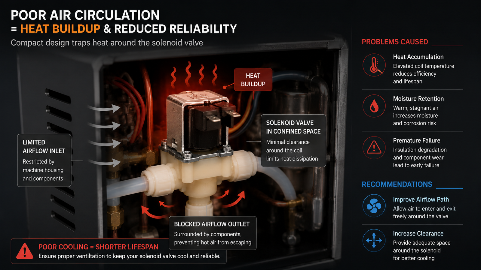 Diagram showing poor air circulation around a solenoid valve in a compact machine