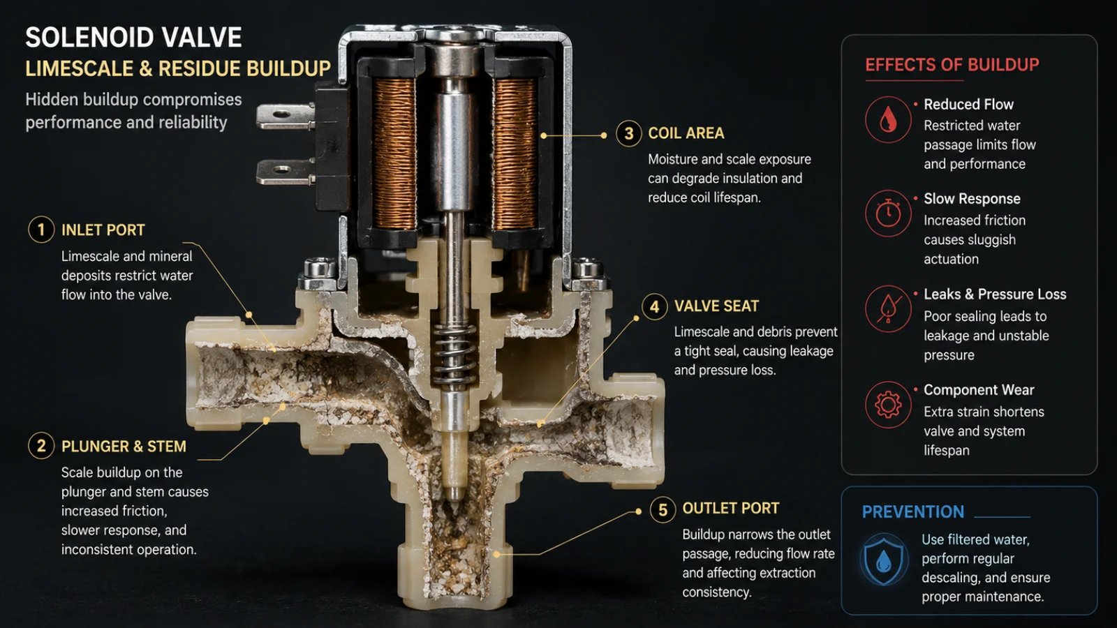 Cross-section of a solenoid valve showing limescale and residue buildup