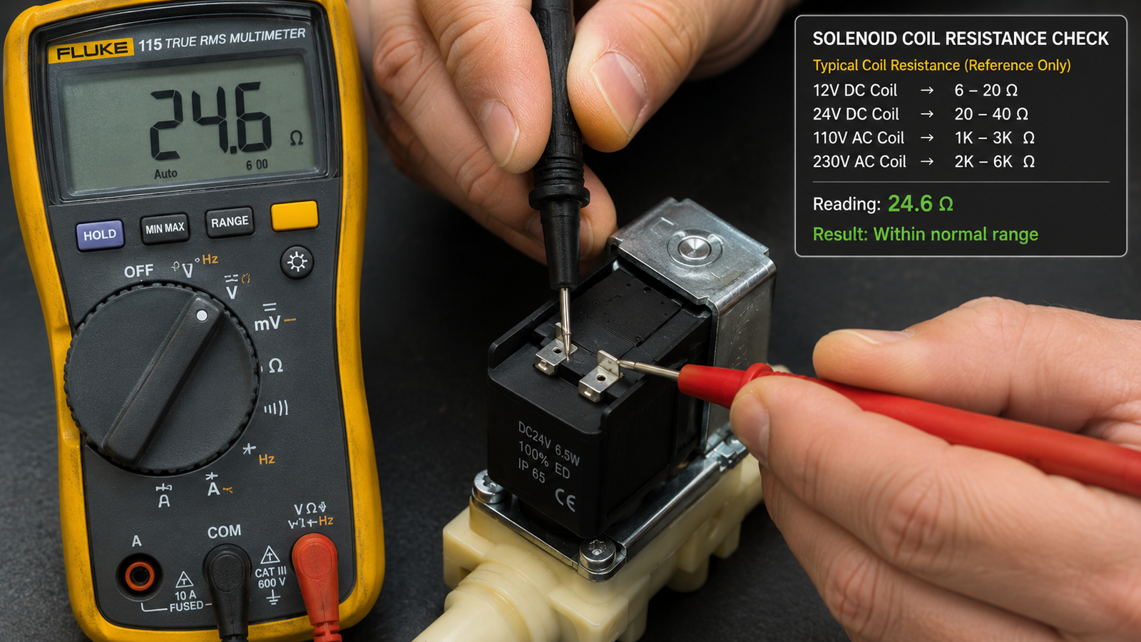A close-up of a multimeter measuring the resistance of a solenoid coil