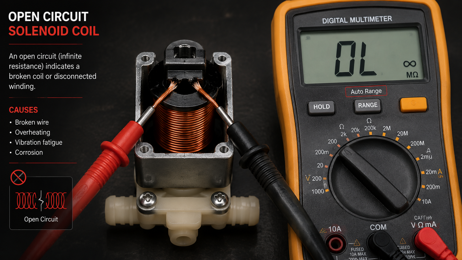 A multimeter displaying an 'OL' or infinite reading next to a broken solenoid coil