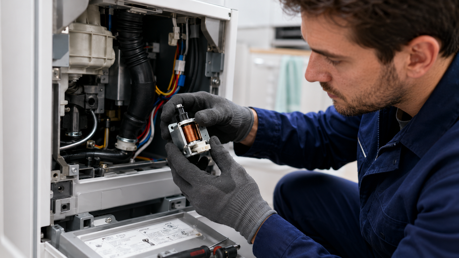 A technician inspecting the internal components of a stuck solenoid valve