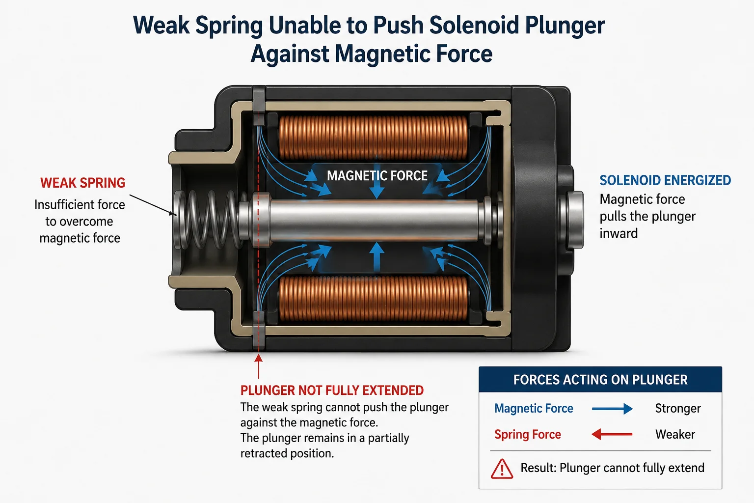 A diagram showing a weak spring unable to push a plunger against a magnetic force.