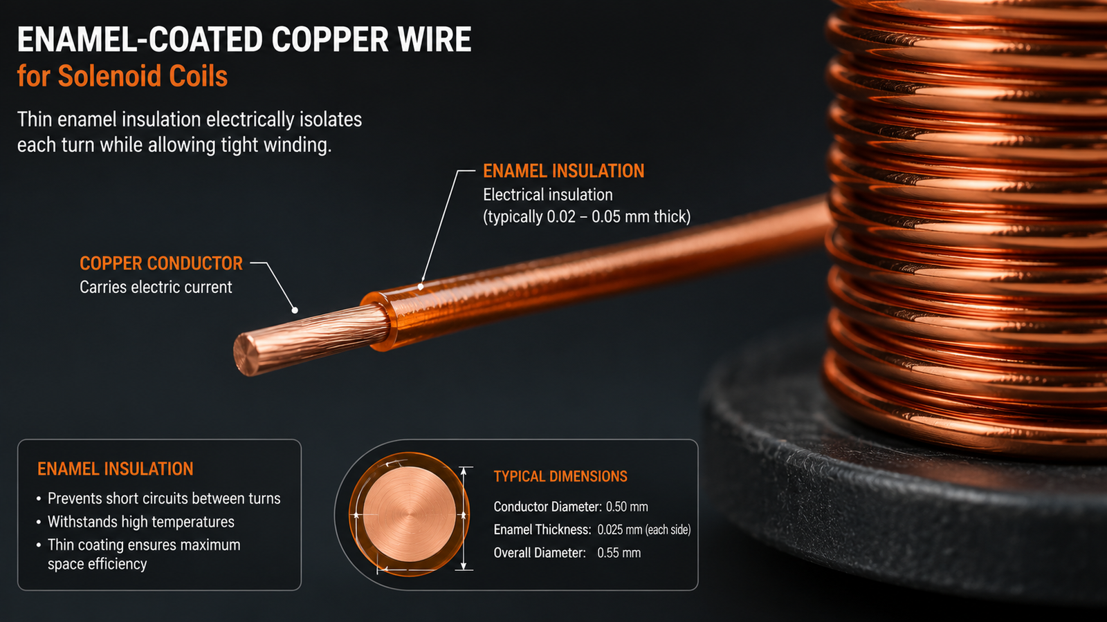 close-up of solenoid wire with its enamel insulation coating