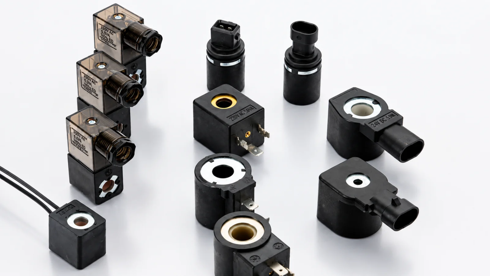 A selection of DIN 43650B solenoid coils showing different colors and connection types