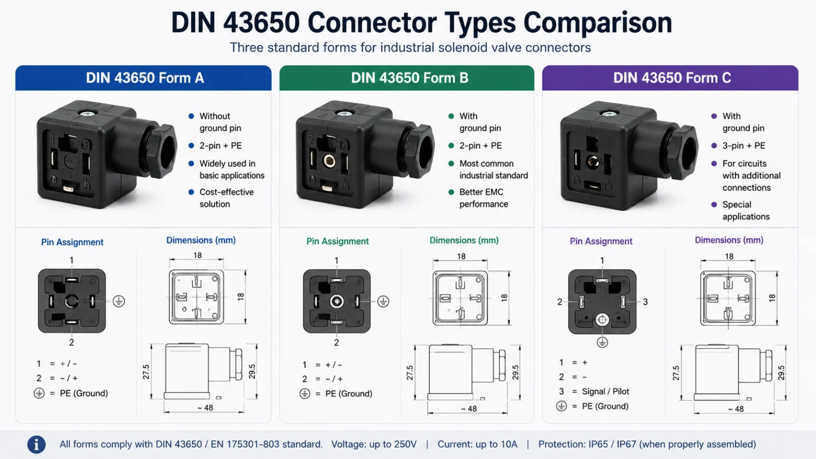 Comparison image of DIN 43650 Form A, B, and C connectors side-by-side